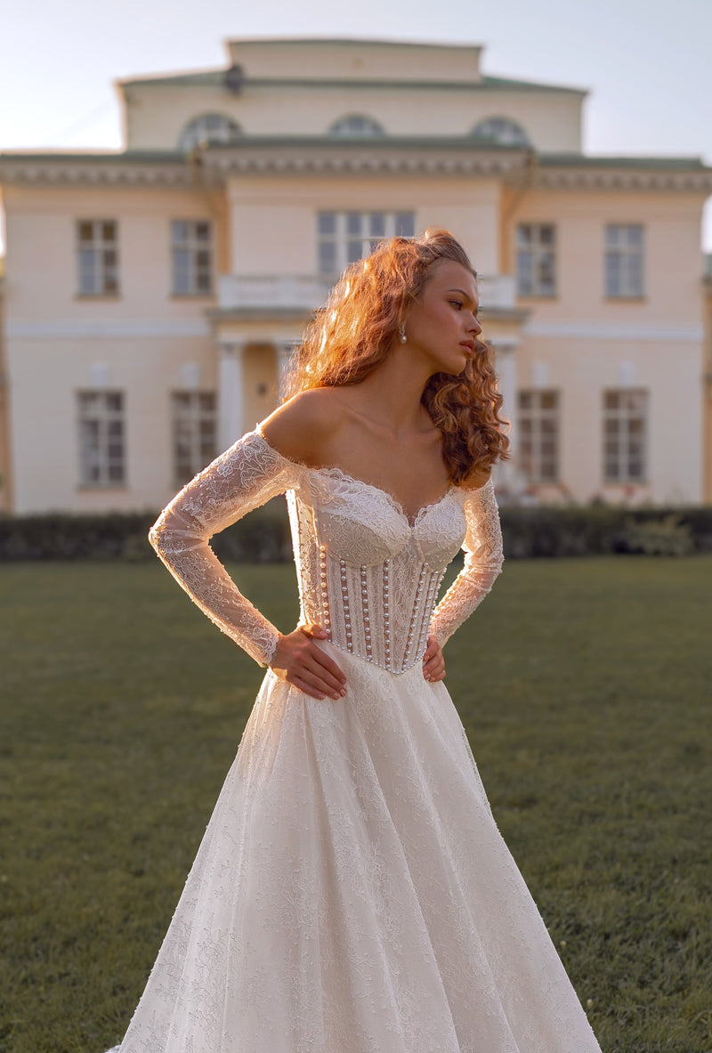 Off-Shoulder Lace Corset Wedding Dress with Beaded Hooded Cape | Whispered Elegance Off-Shoulder Lace Corset Wedding Dress with Beaded Hooded Cape | Whispered Elegance