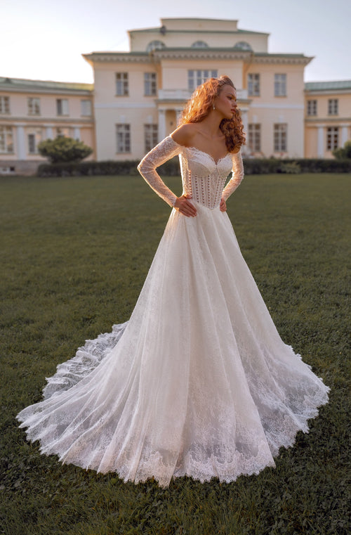 Off-Shoulder Lace Corset Wedding Dress with Beaded Hooded Cape | Whispered Elegance