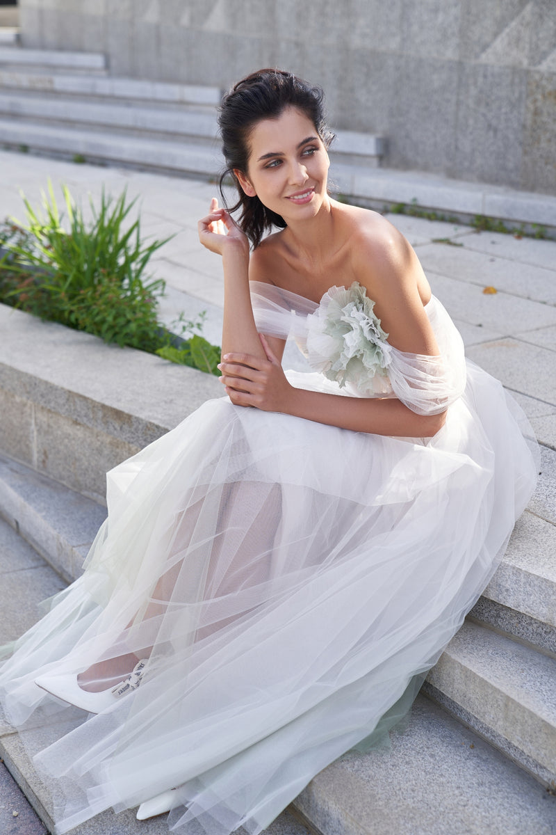 Exquisite Off-The Shoulder Tulle Midi Dress HAREM's Brides Exquisite Off-The Shoulder Tulle Midi Dress HAREM's Brides