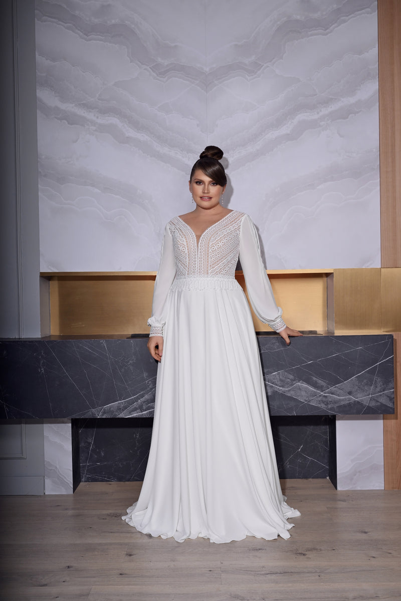 Long Sleeve A-Line Boho Plus Size Wedding Dress – HAREM's Brides