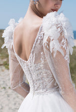 Fabuloso vestido de novia evasé de manga larga con flores en 3D en el hombro