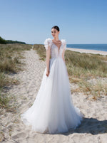 Fabuleuse robe de mariée trapèze à manches longues avec fleurs 3D sur l'épaule
