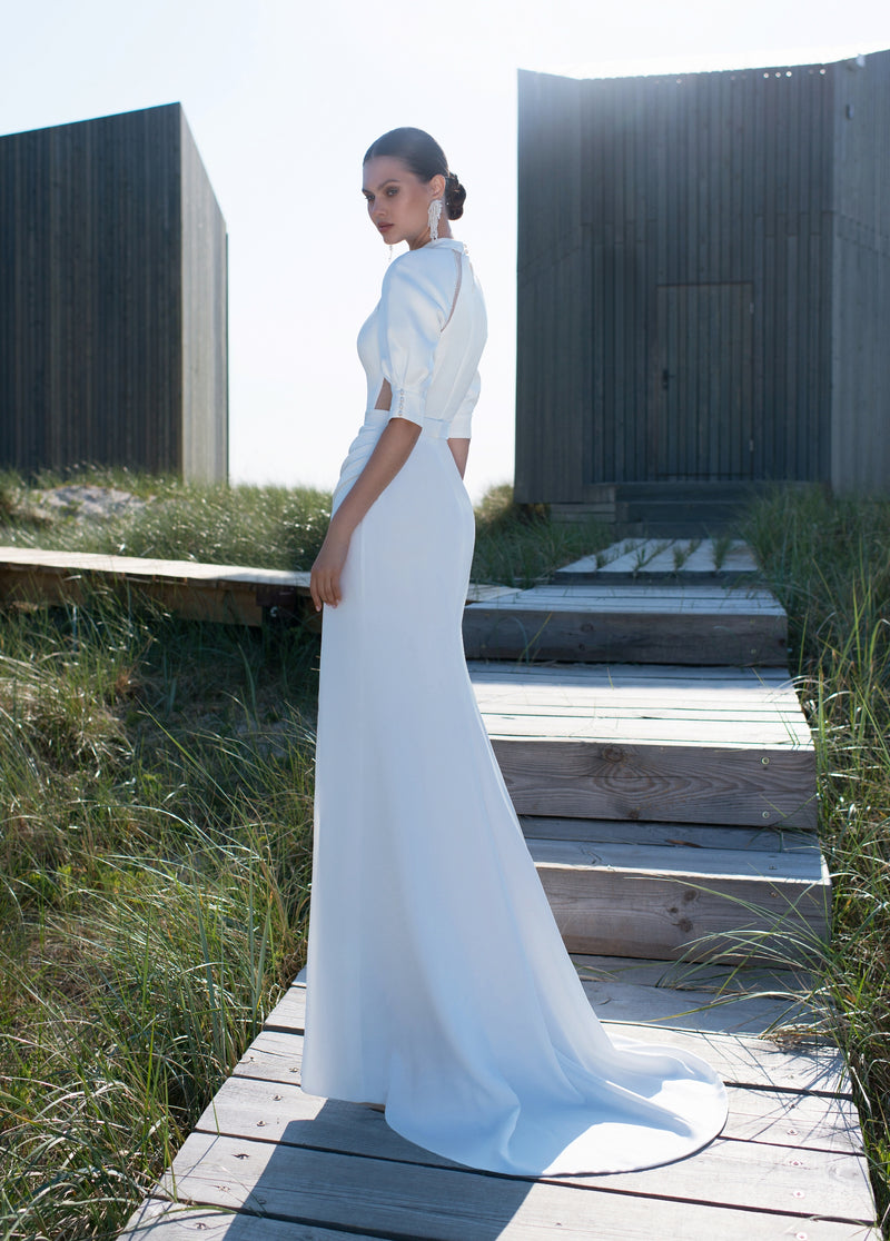 Short Sleeve Minimalist Wedding Dress with a Sexy Slit