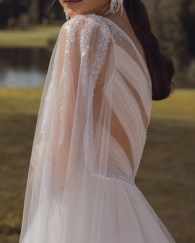 Robe de mariée trapèze asymétrique à une épaule de style hellénique