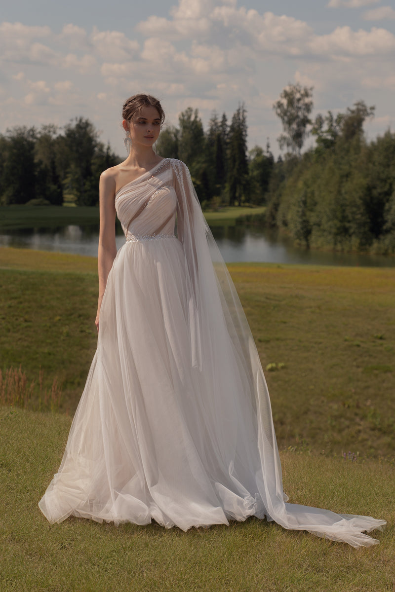 Hellenic Style One-Shoulder Asymmetrical A-Line Wedding Dress EU42 / Offwhite Hellenic Style One-Shoulder Asymmetrical A-Line Wedding Dress EU42 / Offwhite