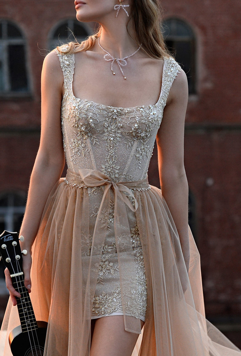 Exquisite Mini Evening Dress with Removable Tulle Train HAREM's Brides Exquisite Mini Evening Dress with Removable Tulle Train HAREM's Brides
