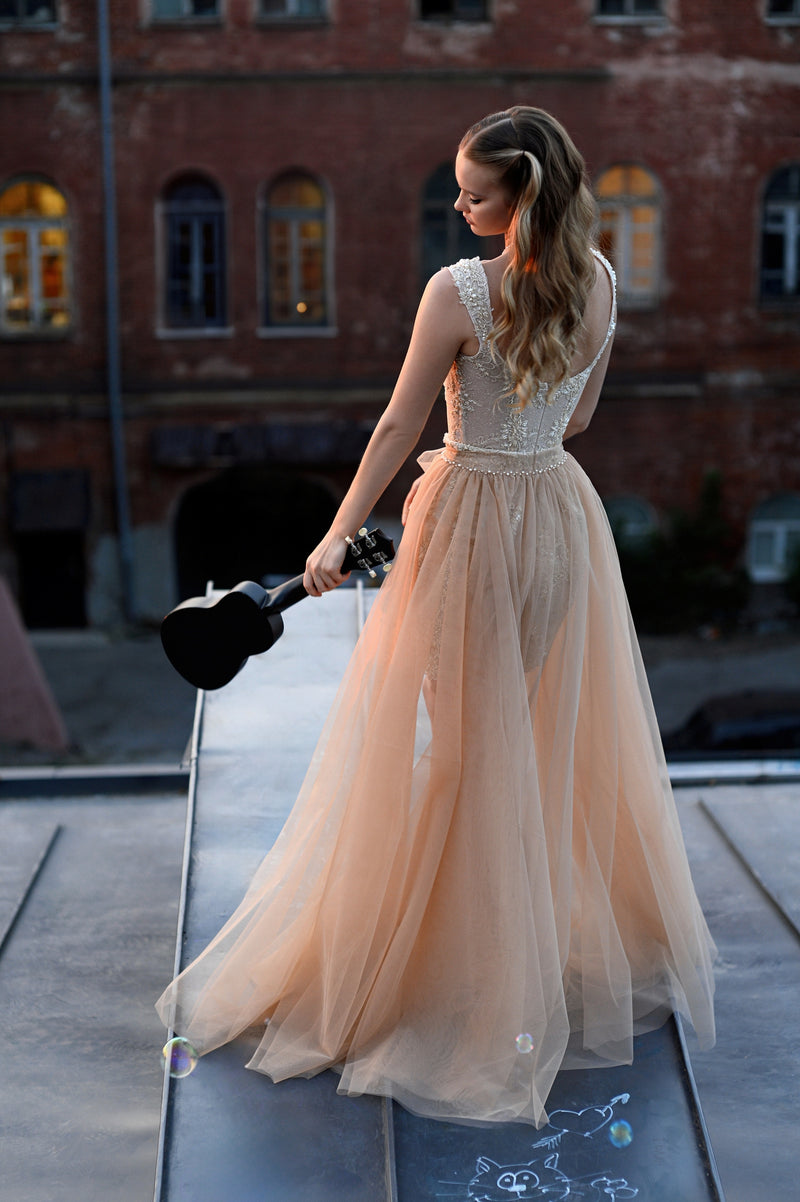 Exquisite Mini Evening Dress with Removable Tulle Train HAREM's Brides Exquisite Mini Evening Dress with Removable Tulle Train HAREM's Brides