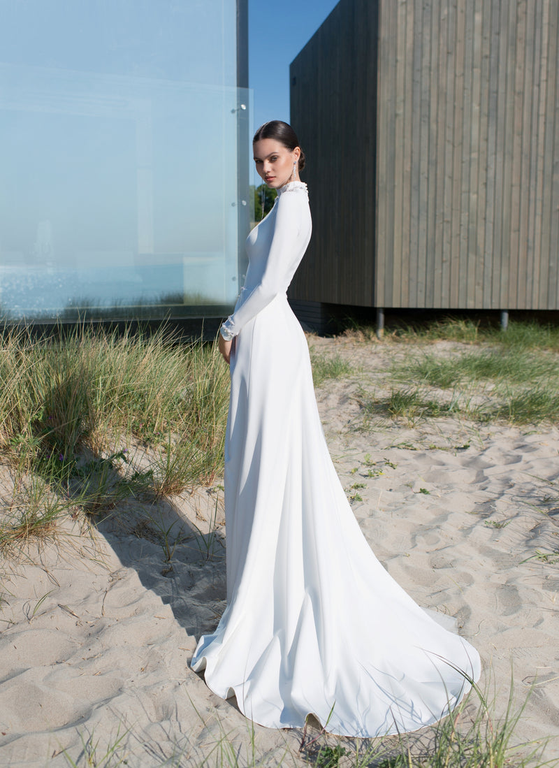 Elegant High-Neck Long Sleeve Sheath Wedding Dress