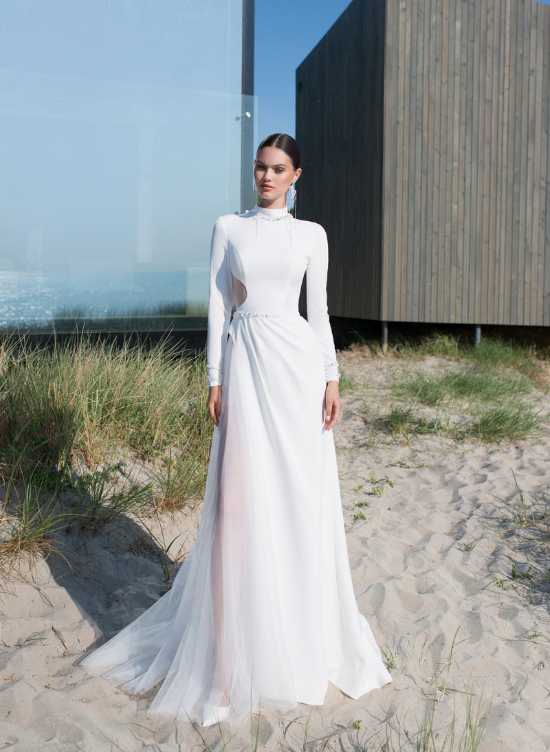 Elegant High-Neck Long Sleeve Sheath Wedding Dress