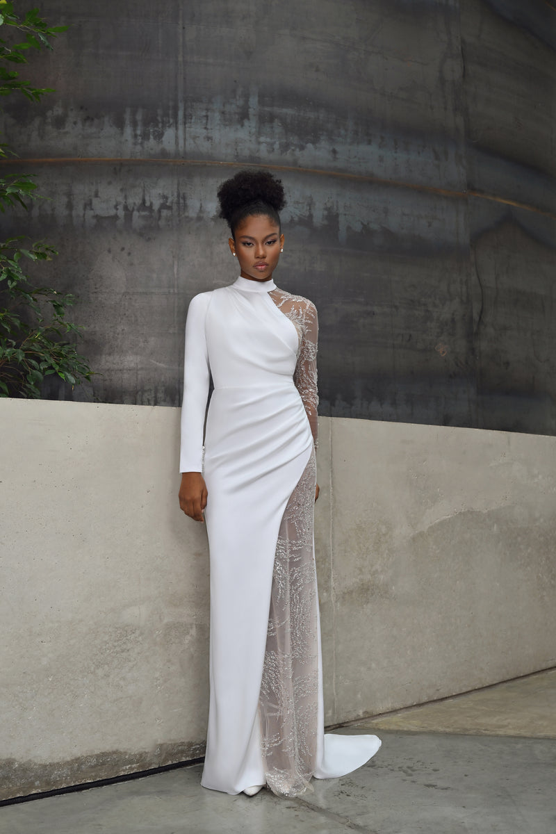 One-Shoulder Halter Neck Asymmetric High Slit Bridal Dress One-Shoulder Halter Neck Asymmetric High Slit Bridal Dress