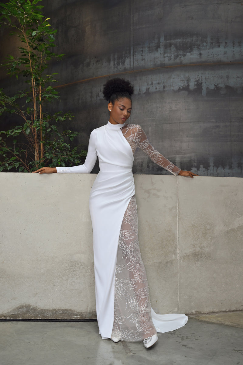 One-Shoulder Halter Neck Asymmetric High Slit Bridal Dress One-Shoulder Halter Neck Asymmetric High Slit Bridal Dress