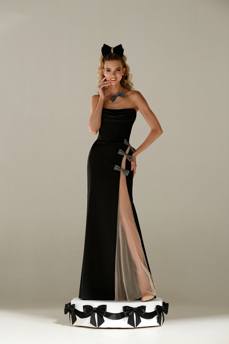 Strapless Maxi Dress with High Side Slit and Bows