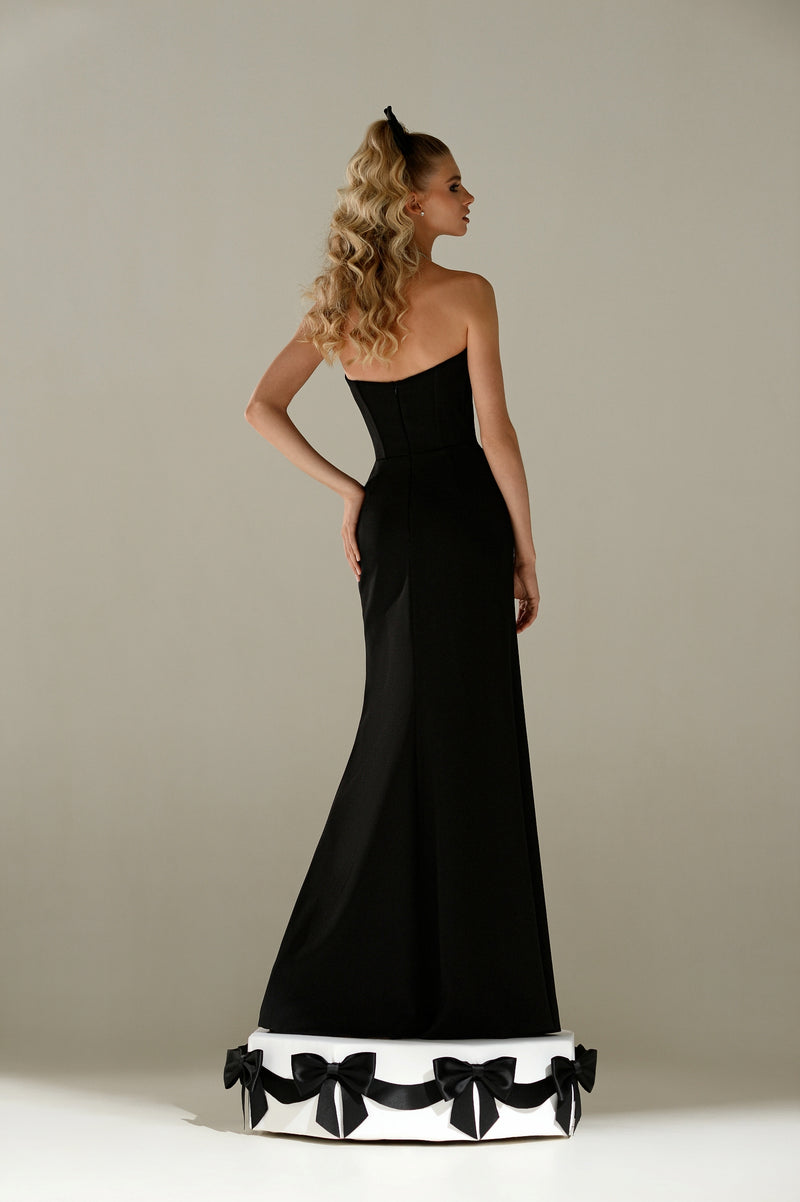 Strapless Maxi Dress with High Side Slit and Bows