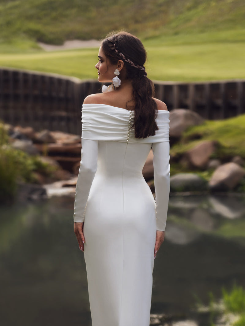 beautiful white dress Minimalist Elegant Off-the-Shoulder White Dress – HAREM's Brides