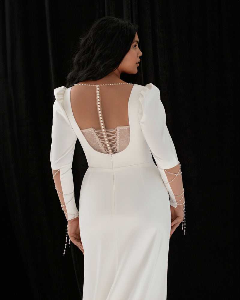 long sleeve deep v back dress Country Style Sexy Deep V Neck Backless Long Sleeves Lace Court Train Wedding Gown-715399