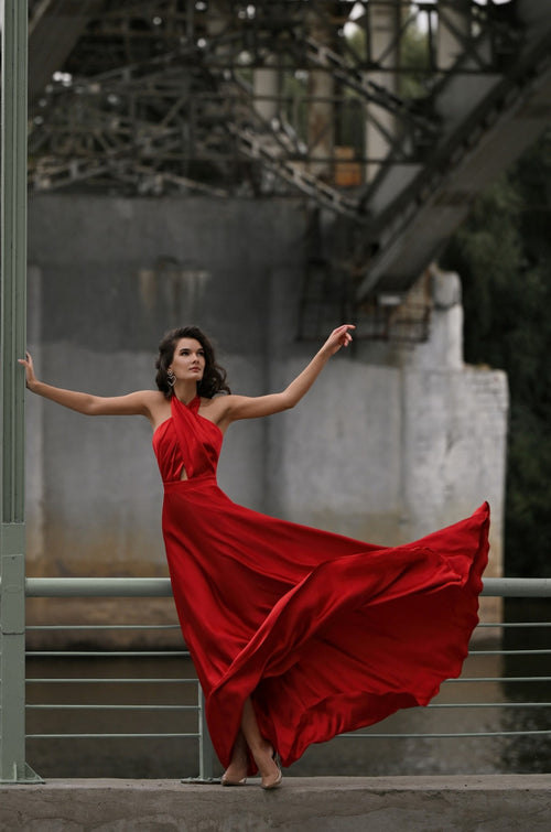 Cross-Front Halter Silk Evening Gown | Fiery Allure