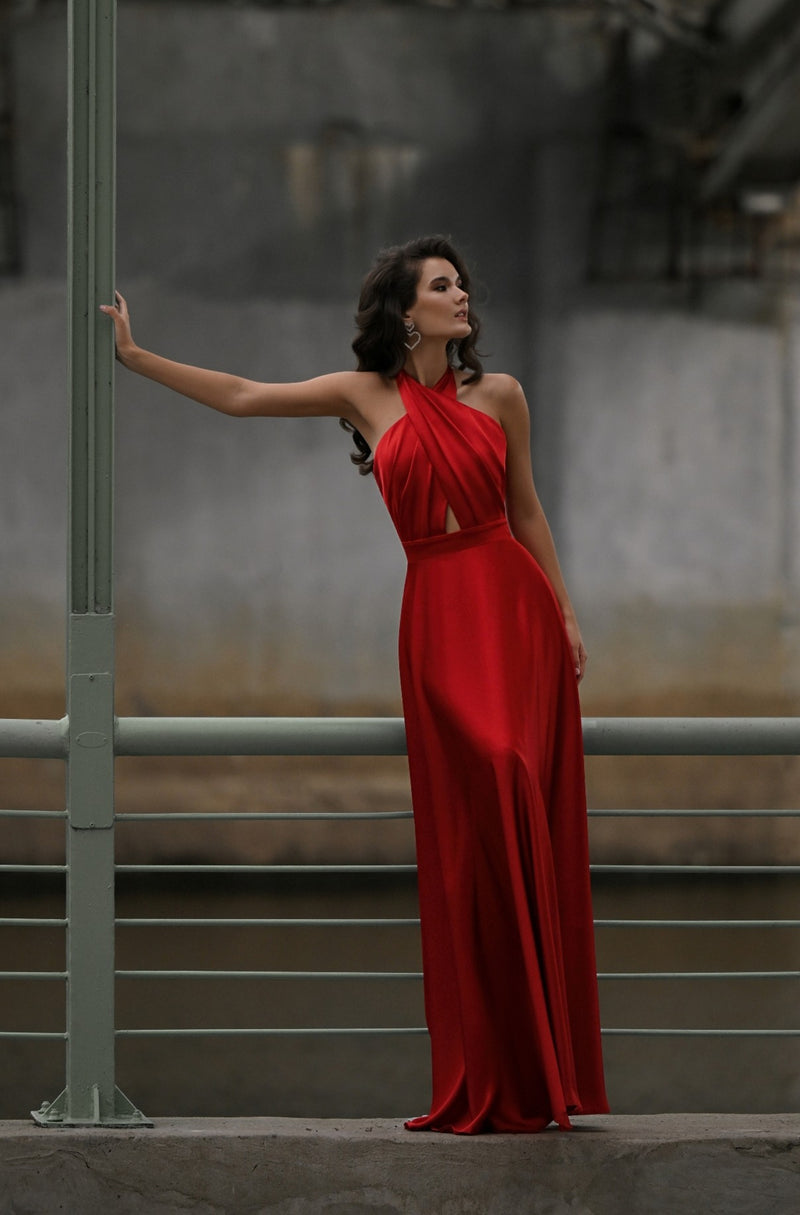 Cross-Front Halter Silk Evening Gown | Fiery Allure HAREM's Brides Cross-Front Halter Silk Evening Gown | Fiery Allure HAREM's Brides