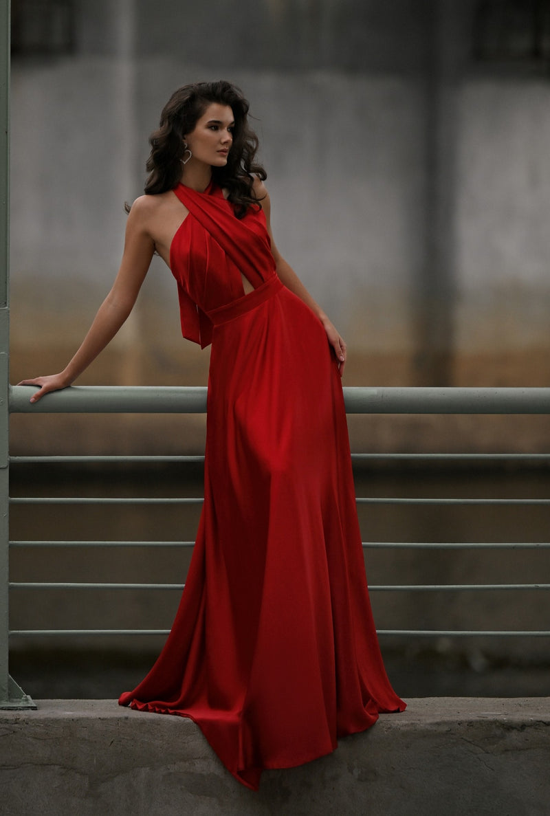 Cross-Front Halter Silk Evening Gown