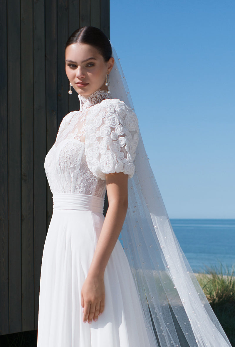 Exquisite Short Sleeve A-Line Wedding Dress with a Unique Top