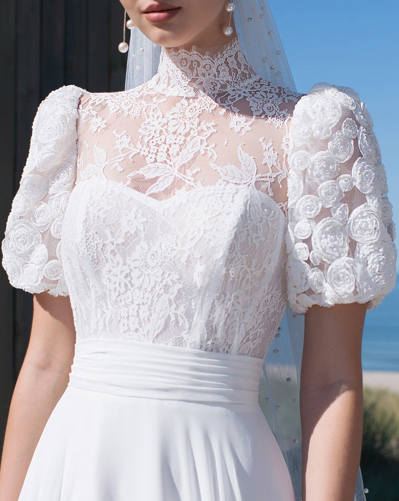 Exquisite Short Sleeve A-Line Wedding Dress with a Unique Top