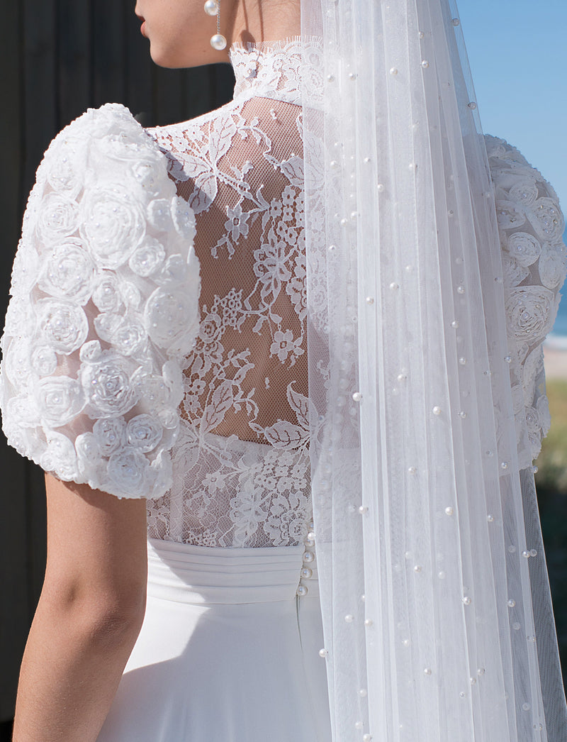 Exquisite Short Sleeve A-Line Wedding Dress with a Unique Top