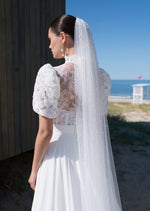 Exquisite Short Sleeve A-Line Wedding Dress with a Unique Top