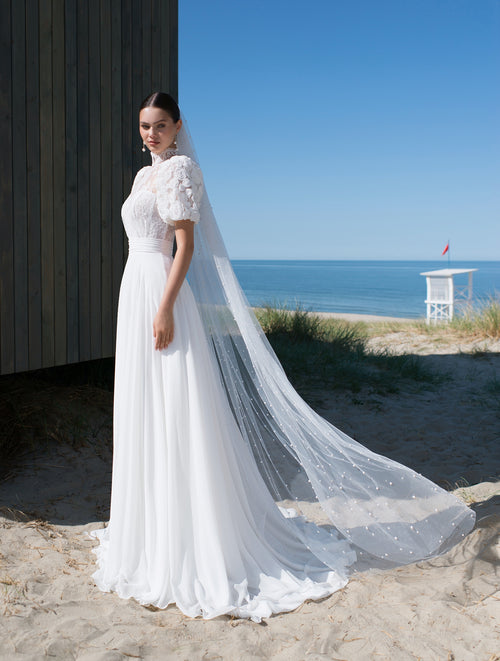 Exquisite Short Sleeve A-Line Wedding Dress with a Unique Top