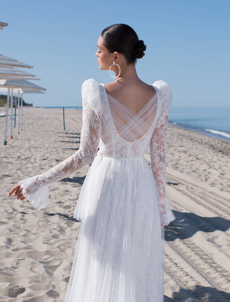 V-Neck A-Line Wedding Dress with Exquisite Long Lace Sleeves