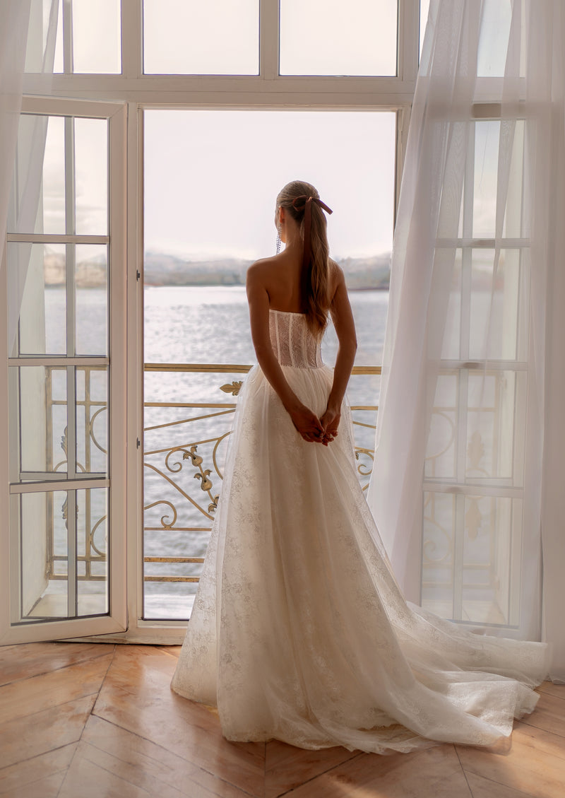 Strapless Lace Ball Gown with Corset Bodice & Pearl Embellishments | Timeless Modern Bridal Elegance EU40