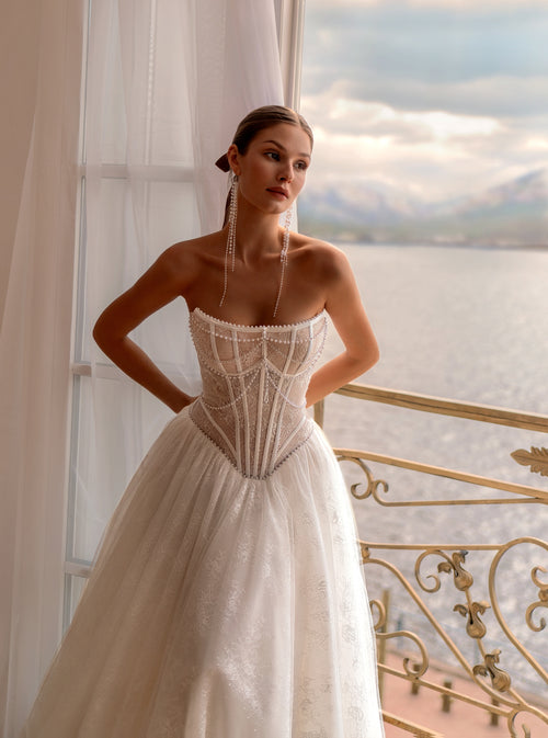 Strapless Lace Corset Wedding Dress with Detachable Sleeves & Choker | Garden Reverie Bridal