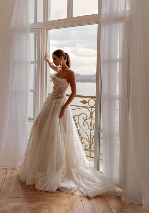 Strapless Lace Ball Gown with Corset Bodice &amp; Pearl Embellishments | Timeless Modern Bridal Elegance