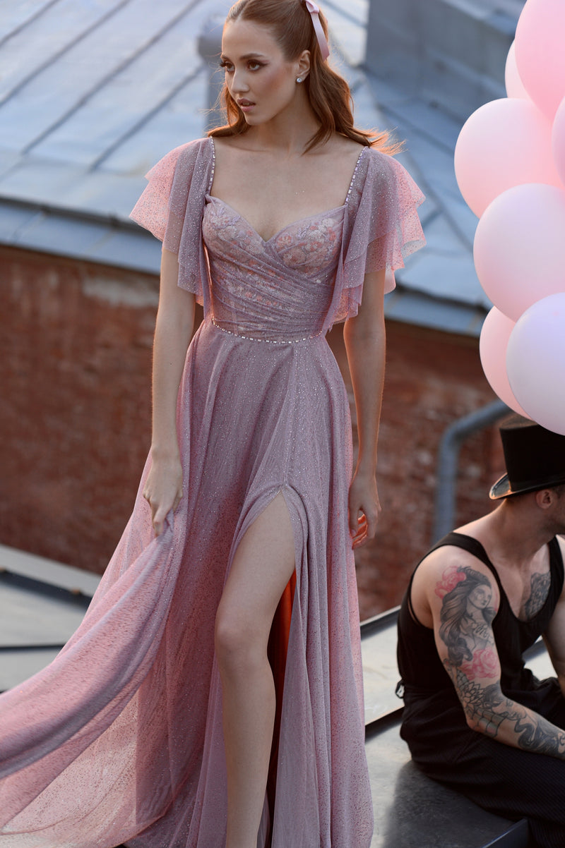 Short Sleeve Glitter Maxi Dress with Side Slit HAREM's Brides Short Sleeve Glitter Maxi Dress with Side Slit HAREM's Brides