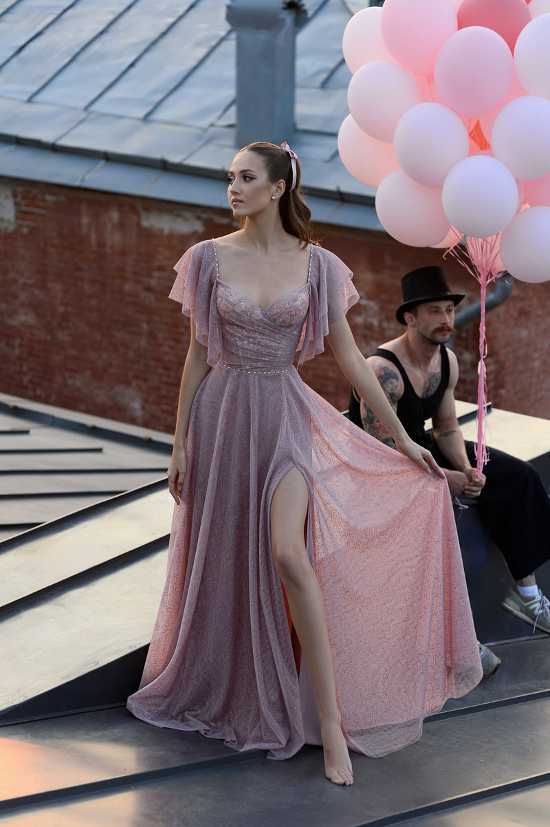 Short Sleeve Glitter Maxi Dress with Side Slit HAREM's Brides Short Sleeve Glitter Maxi Dress with Side Slit HAREM's Brides