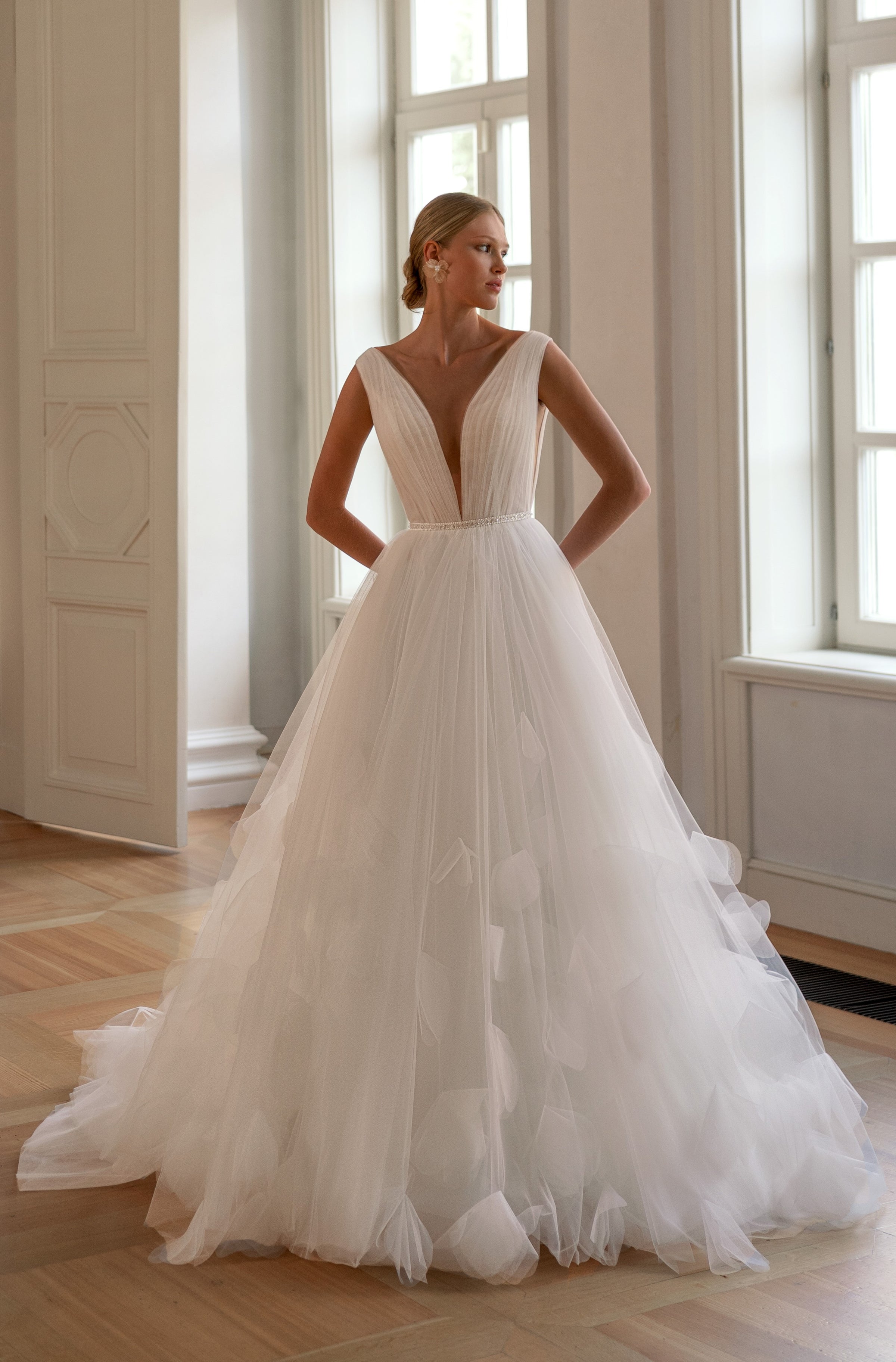 a-line sleeveless v-neck floor-length with applique tulle dresses Stacees 2026 A-line Glitter Prom Dress V Neck Floral Applique Sheer Corset