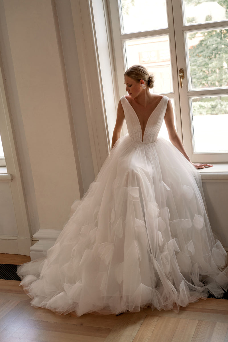 V-Neck A-Line Tulle Dress with 3D Appliques on the Skirt HAREM's Brides V-Neck A-Line Tulle Dress with 3D Appliques on the Skirt HAREM's Brides