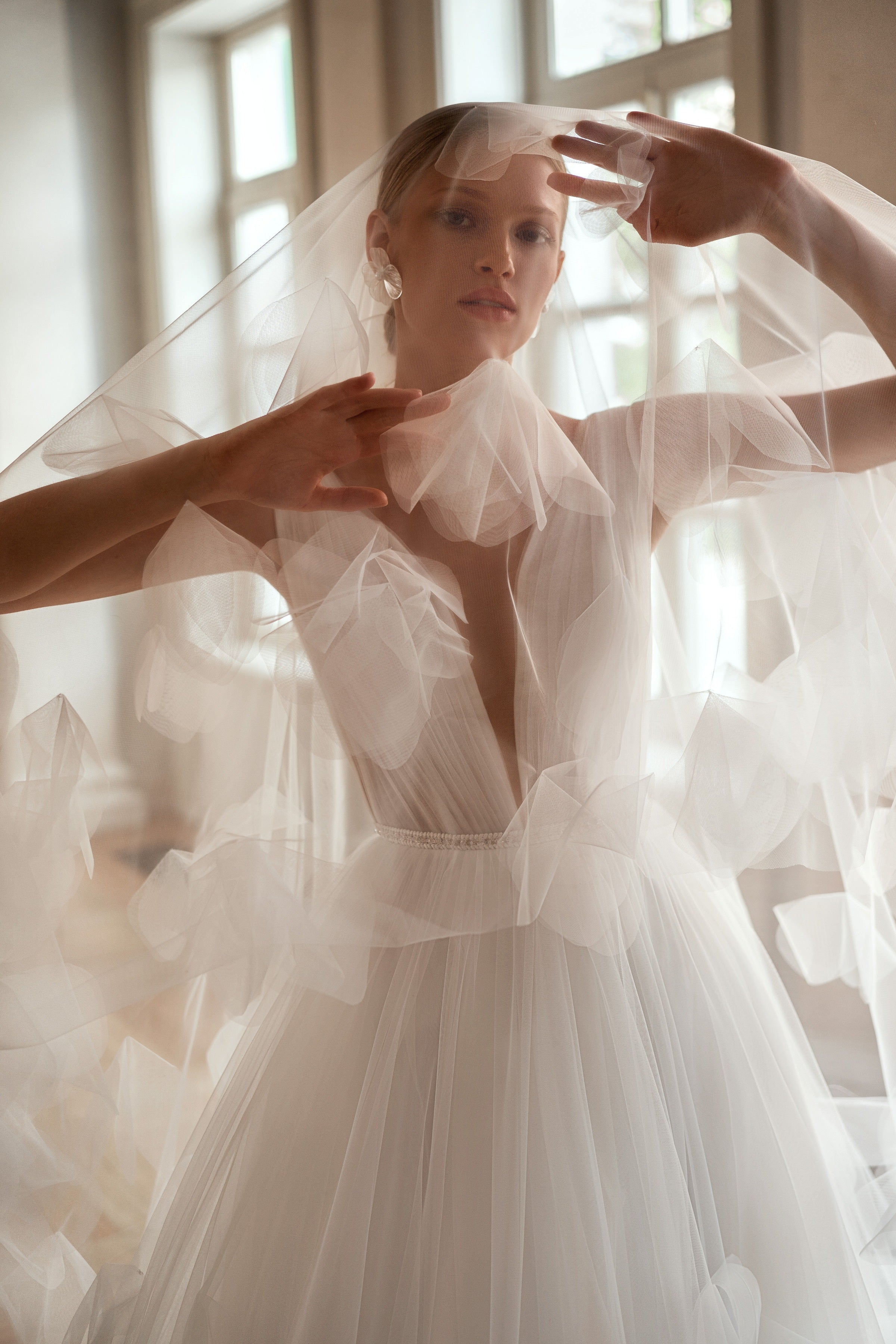 V-Neck A-Line Tulle Dress with 3D Appliques on the Skirt HAREM's Brides V-Neck A-Line Tulle Dress with 3D Appliques on the Skirt HAREM's Brides