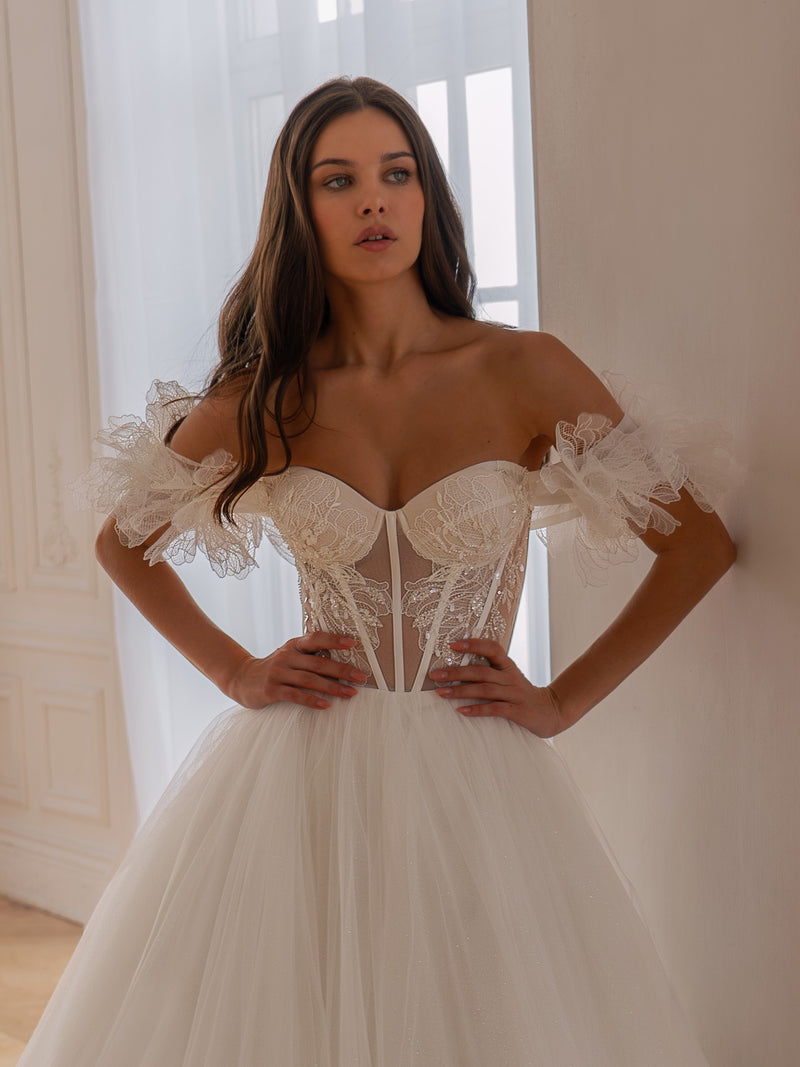 Off-Shoulder Lace & Glitter Tulle Ball Gown | Romantic Fairytale Bridal Elegance Off-Shoulder Lace & Glitter Tulle Ball Gown | Romantic Fairytale Bridal Elegance