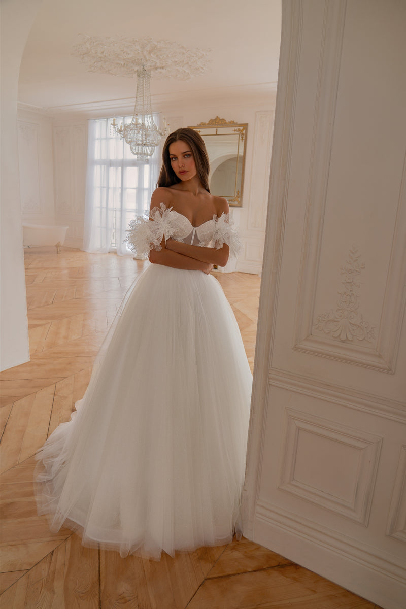 Off-Shoulder Lace & Glitter Tulle Ball Gown | Romantic Fairytale Brida   HAREM's Brides