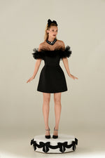 Ruffled Strapless Black Mini Dress with Choker