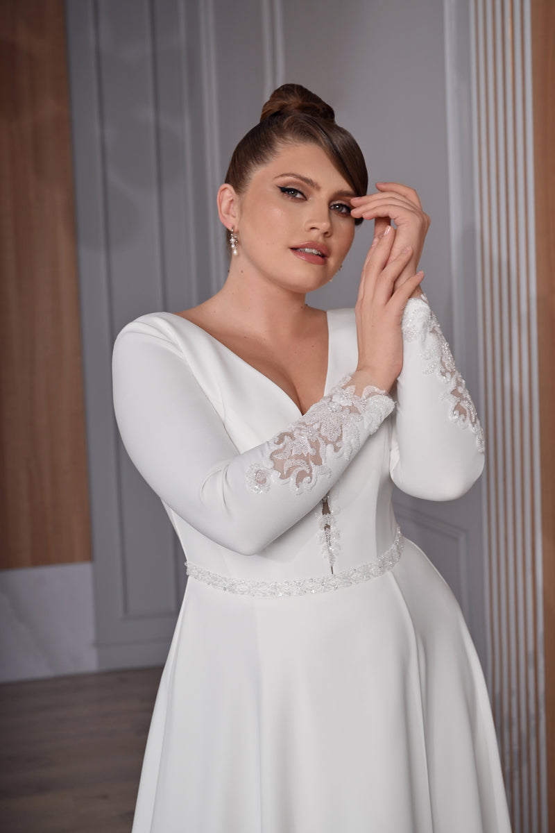 Robe de mariée trapèze à manches longues, grande taille