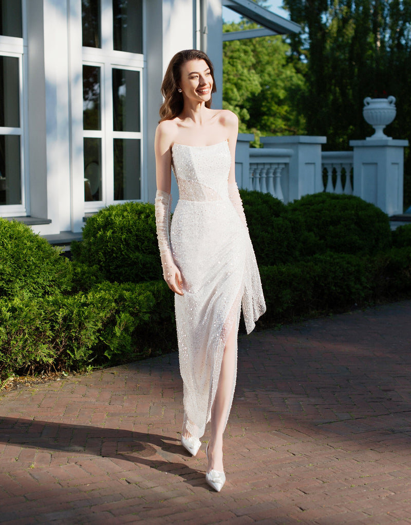 strapless white midi dress bridal Women's Scalloped Strapless Midi Wedding Dress, Ivory