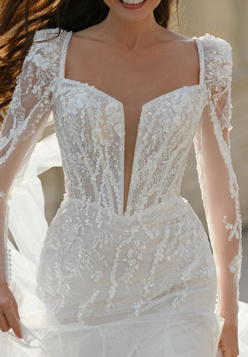 Celeste Grace Glitter Long Sleeve Mermaid Bridal Gown