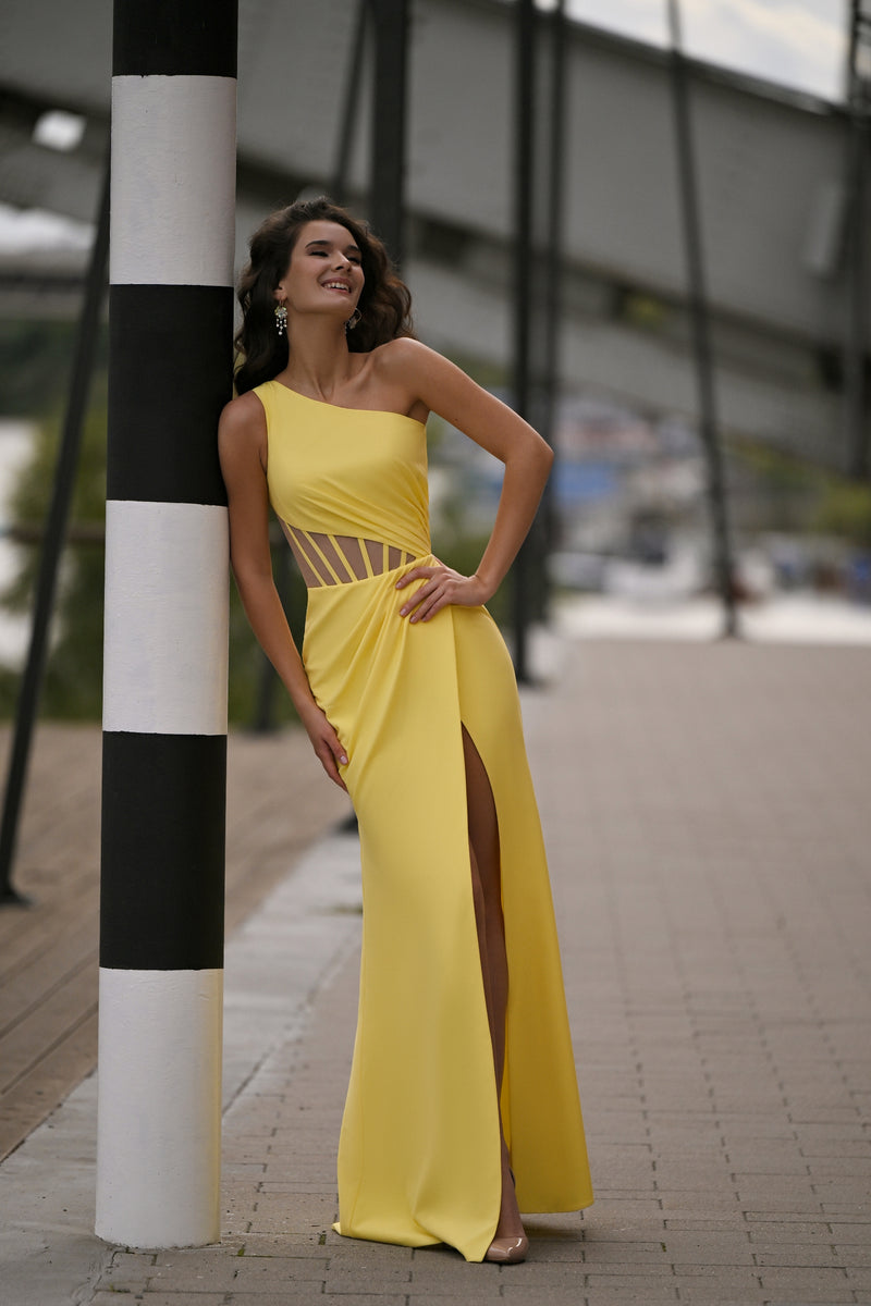 One-Shoulder Cut-Out Crepe Gown with High Slit | Golden Glamour HAREM's Brides One-Shoulder Cut-Out Crepe Gown with High Slit | Golden Glamour HAREM's Brides