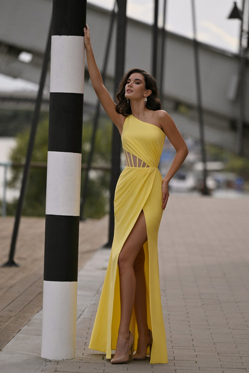 One-Shoulder Cut-Out Crepe Gown with High Slit | Golden Glamour