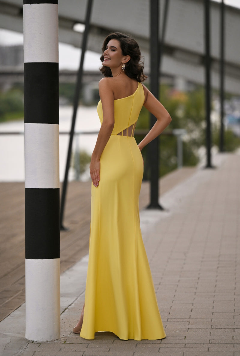 One-Shoulder Cut-Out Crepe Gown with High Slit | Golden Glamour