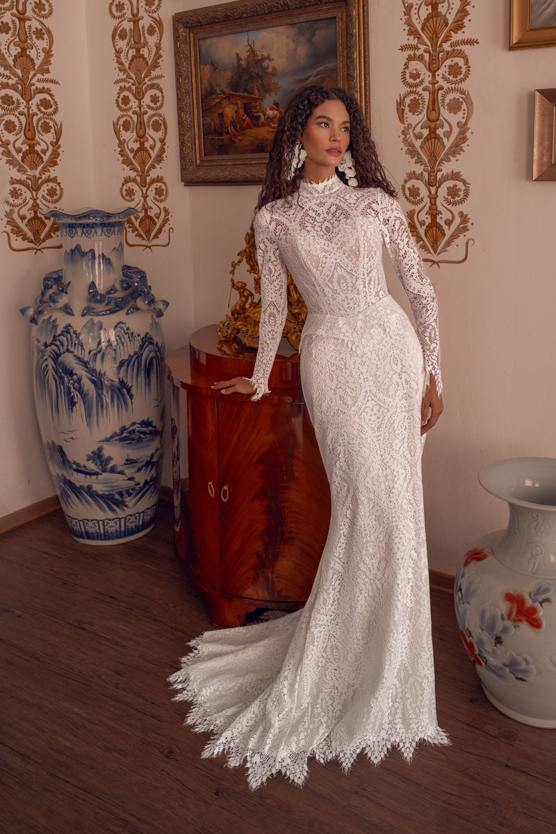 knee length dresses for ladies High-Neck Long-Sleeve Lace Wedding Dress