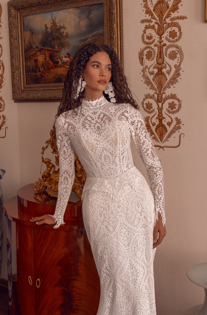 High-Neck Long-Sleeve Lace Wedding Dress | Poetic Allure HAREM's Brides High-Neck Long-Sleeve Lace Wedding Dress | Poetic Allure HAREM's Brides