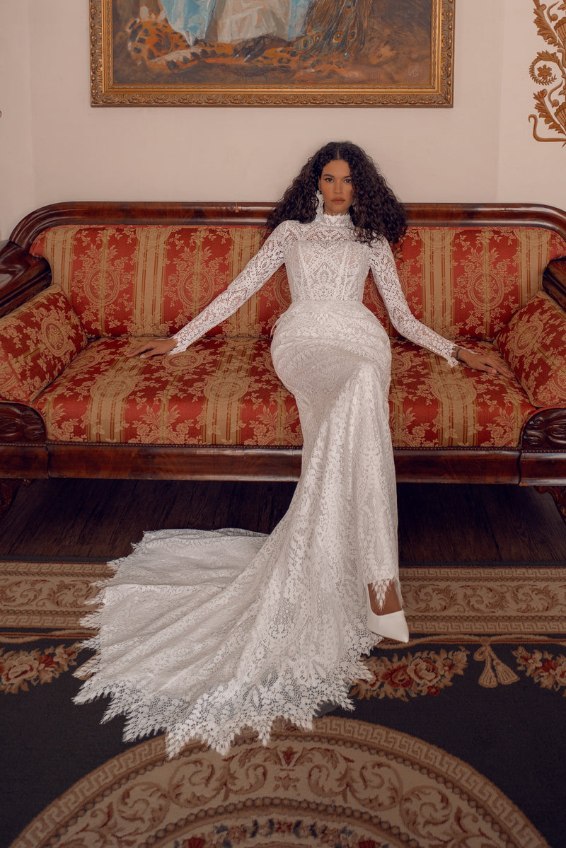 High-Neck Long-Sleeve Lace Wedding Dress
