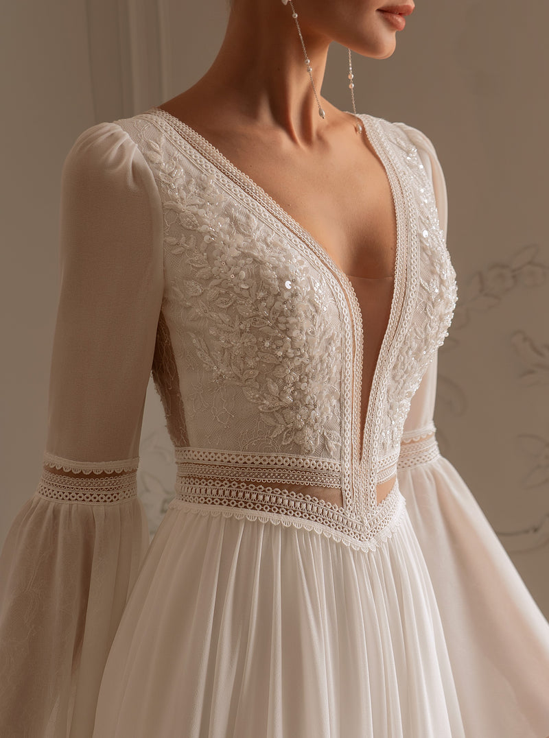 Exquisite Bohemian Lace Chiffon Wedding Dress with Bell Sleeves | Ethe HAREM's Brides Exquisite Bohemian Lace Chiffon Wedding Dress with Bell Sleeves | Ethe HAREM's Brides