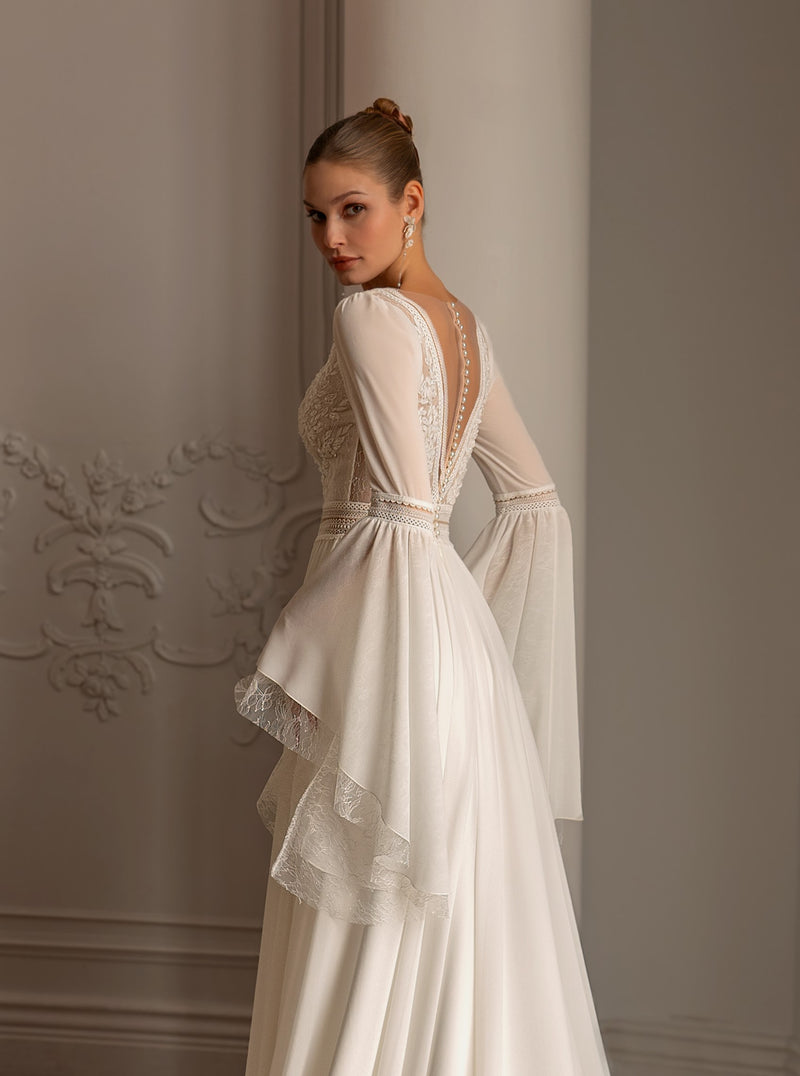 Exquisite Bohemian Lace Chiffon Wedding Dress with Bell Sleeves | Ethereal Vintage Silhouette Made to Measure Exquisite Bohemian Lace Chiffon Wedding Dress with Bell Sleeves | Ethereal Vintage Silhouette Made to Measure